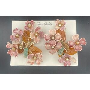 Vintage Lucite Floral Clip Earrings Pink Carved Flowers Beaded 3" ear climbers